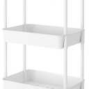 JIUYOTREE 3-Tier Plastic Rolling Storage Cart Utility Cart with Extra Hanging Cups Handles Lockable Wheels for Living Room Bathroom Kitchen Office White