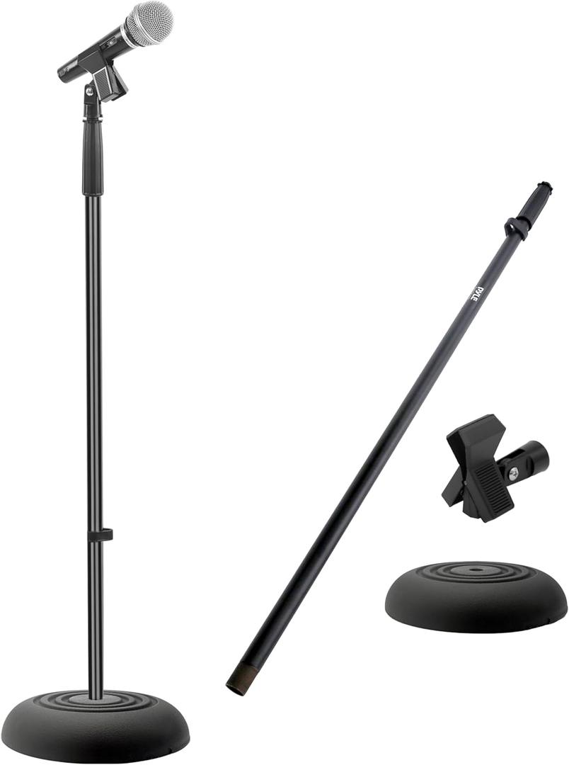Pyle Adjustable Microphone Stand - Universal Mic Stand with Compact Heavy Base, Floor Standing Design, Height Adjustable, Pivot Angle Clip for Singing & Recording (2.8 - 5 ft., 9.8 Base Diameter)