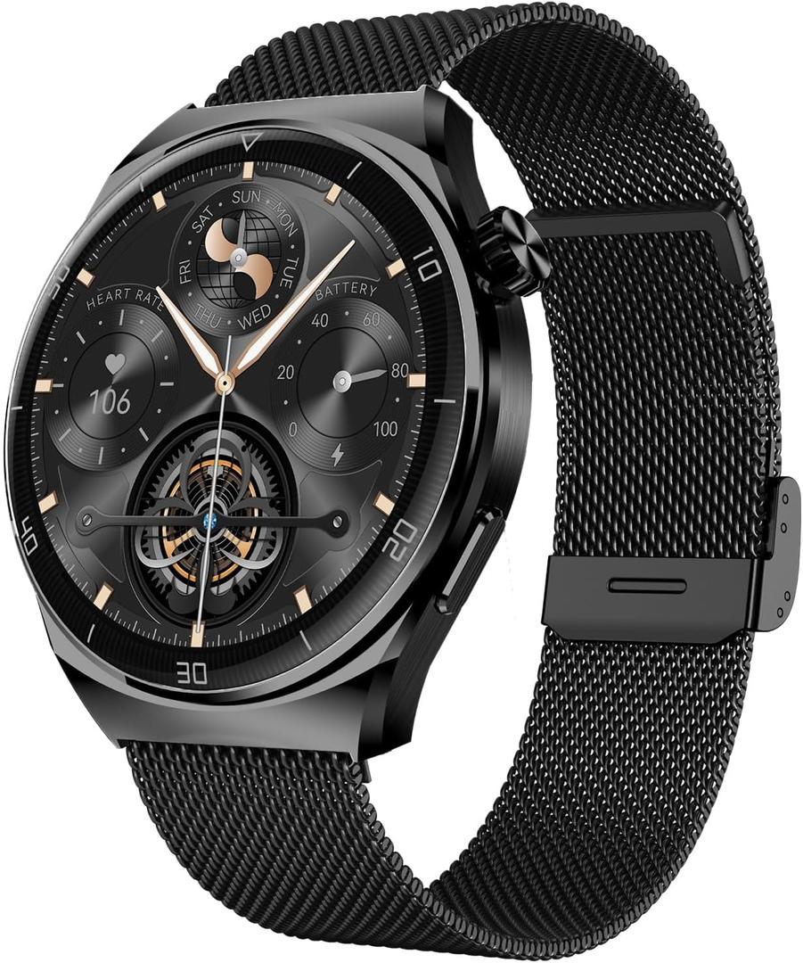 AMOLED Smart Watches for Men Women Fitness Tracker Watch Smartwatch for Android Phones/iPhone Compatible 1.43" HD Mens Watch with SOS ChatGpt AI Voice Heart Rate Sleep Female Cycle IP68 Waterproof (46mm Case, Gunmetal Case with Black Steel Band)