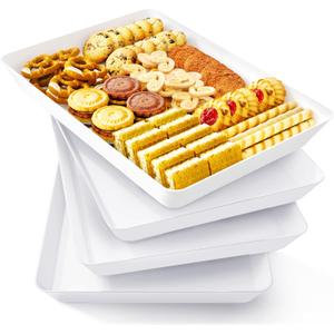 Lifewit Plastic Serving Tray for Party, 4 Pcs White Trays for Serving Food, Reusable Platters for Buffet, Fruit, Cookie, Charcuterie, Appetizer, Snack, Rectangle, New Year Party Supplies, BPA Free