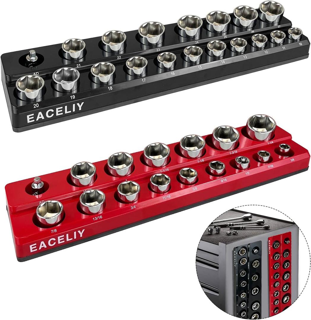EACELIY 1/2" Magnetic Socket Organizer Set, 2-Piece SAE & Metric Socket Holder Kit,Tools tray holds 35 Deep and Shallow 1/2" Sockets, attaches to steel box/tool cart (sockets not included)
