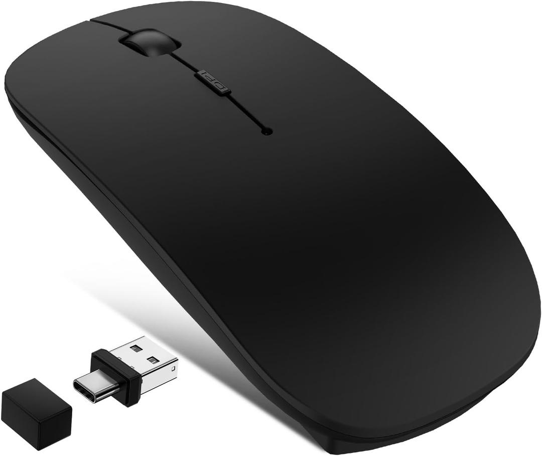 Wireless Mouse for MacBook Air Pro Mac iPad, Bluetooth Rechargeable Laptop Mice with Jiggler Mode, Silent 3 Mode Bluetooth 5.2/3.0 & 2.4G USB-A & USB-C Receiver Portable Mouse, Matte Black