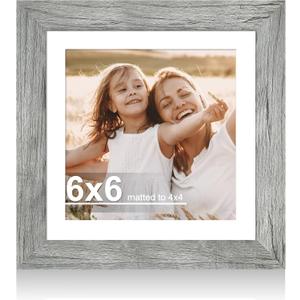 Hongkee 6x6 Picture Frame with Glass, Display Pictures 4x4 with Mat or 6 x 6 without Mat - Wall and Tabletop, 6 by 6 Photo Wooden Frames (Grey, 1 Pack)