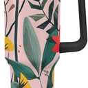 40 Oz Tumbler with Handle And Straw, Peach with Flowers Vacuum Insulated Water Bottle, Cup Holder Compatible for Travel, Reusable Insulated Stainless Steel Cup Gifts for Women & Men