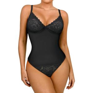 BLEVONH Womens Lace Bodysuit Tummy Control Shapewear Spaghetti Strap Bodycon Seamless Body Shaper (Medium, Black)