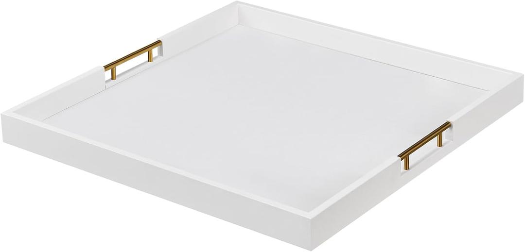 18×20 Inches White Faux Leather Coffee Serving Tray Decorative Ottoman Trays with Gold Metal Handles Decor for Living Room Rectangle Large Bed Breakfast Organizer for All Occasions Multipurpose Using