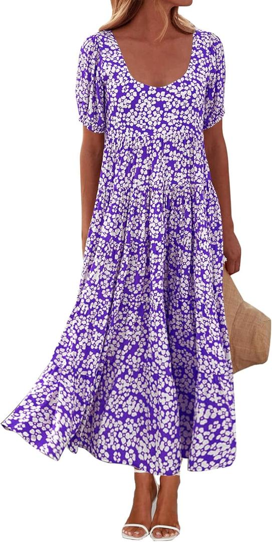 PRETTYGARDEN Puff Short Sleeve Cewneck Floral Long Fall Dresses for Women 2025 Flowy Tiered Hem Maxi Wedding Guest Dress (Purple, S)