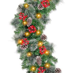 6 Ft by 10 Inch Pre-lit Artificial Christmas Garland with 30 Warm Lights Timer Battery Operated 150 Snowy Bristle Pine Branches 56 Red Berries 8 Pinecones Xmas Decor for Home Indoor Mantle Fireplace