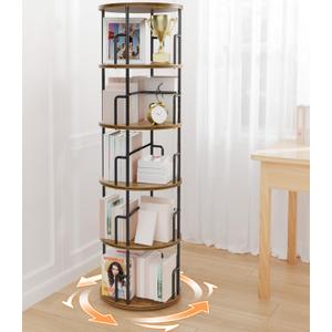 5 Tier Rotating Bookshelf Tower Round,Tall Floor Standing Spinning Bookshelf Tower Anti-Tipping Design,Metal & Wood Revolving Bookcase Stackable Space Saving for Small Spaces,Study,Living Room,Bedroom (Rustic Brown)