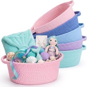 LemonRoad 5 Pcs Cotton Rope Basket with Handles 9x6x5'' Pink and Blue | Woven Storage Bin in Bedroom Home, Empty Gift Baskets at Party, Organizer with Handles, Summer Decor Accent