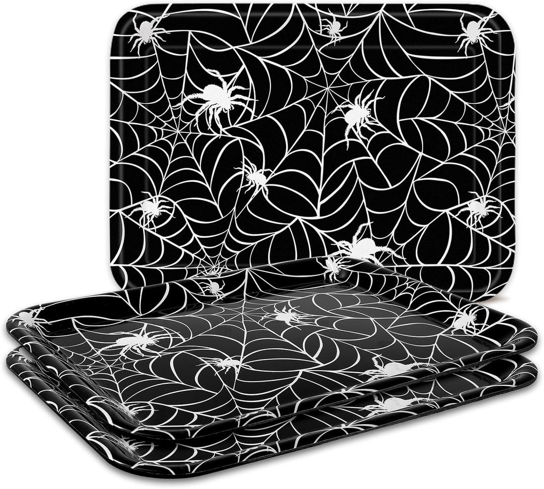 Whaline 3 Pcs Halloween Serving Trays Black White Spider Webs Reusable Melamine Trays Platters for Movie Night Birthday Holiday Party Food Supplies, 10 x 13 Inch