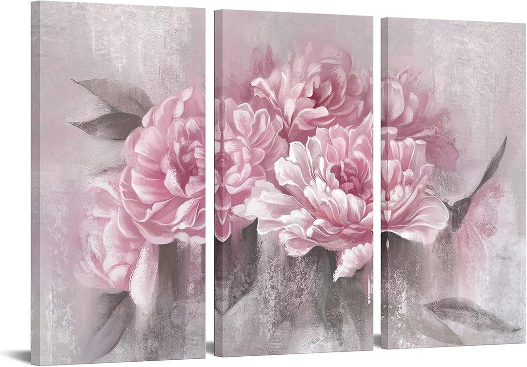 sechars 3 Piece Flower Wall Art Canvas Pink Peony Floral Painting Picture Vintage Blossom Art Prints for Living Room Girl Bedroom Decor for Living Framed Ready to Hang Each Piece 16x32inch
