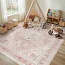 9x12 Rugs for Living Room, Washable Area Rug Pink Vintage Carpet for Bedroom Nursery Dining Room, Non-Slip Soft Thin Stain Resistant, Retro Floral Rugs for Girls