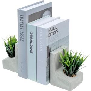 MyGift Decorative Bookends, Heavy Duty Book Ends with Artificial Green Grass Plants, Book Stands for Office Desktop, Bookshelf, Modern Gray Concrete L-Shaped
