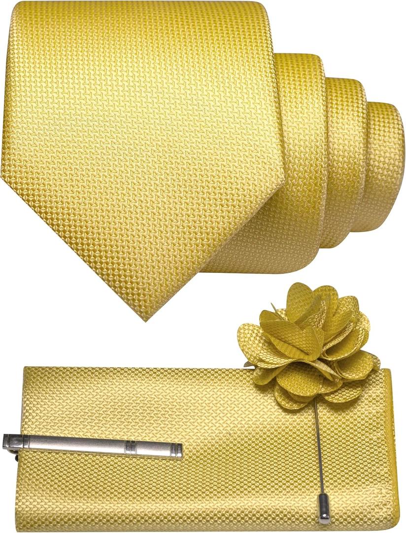 Mens Tie and Lapel Pin with Pocket Square Tie Clip Sets for Casual and Business 4PCS (Gold)