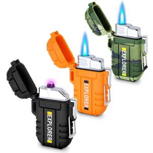 3 Pack Waterproof Lighter Outdoor Windproof Torch Lighters Dual Arc Lighters Butane Electric USB Rechargeable Flameless Plasma Lighter Camping Hiking Adventure Survival Tactical Gear