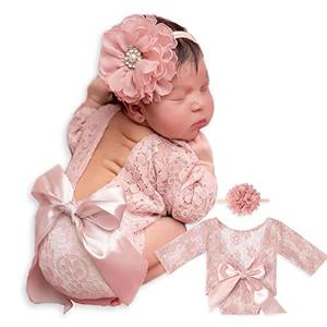 ForBaysy Infant Newborn Photography Props Girl Outfit Lace Romper with Cute Flower Headband Newborn Dress Posing Props