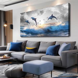 WLWBINTING Dolphin Canvas Prints Wall Art For Bedroom Large Wall Decor For Living Room Modern Office Decoration Blue Ocean Seascape Painting Sea Wave Sunrise Pictures Artwork Home Decor Mural