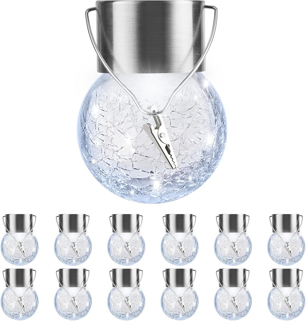 PARTPHONER 11 Pack Hanging Solar Lights Outdoor, Waterproof Solar Globe Lantern with Handle and Clip, Decorative Cracked Glass Ball Lights for Christmas Decor, Tree, Yard, Garden, Patio (Cold White)