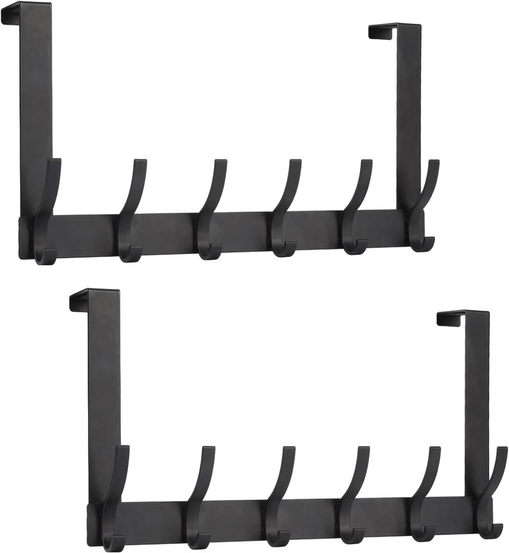 Over The Door Hooks, Door Hanger Hooks for Hanging, Over The Doors Towel Racks for Bathroom with 12 Coat Hook, Coat Rack Bathroom Accessories2 Pack, Black