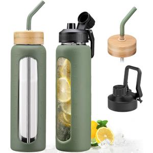 32oz Glass Water Bottle with Straw and 2 Lids- Bamboo and Spout Lid,Motivational Sports Water Bottle with Silicone Sleeve and Time Marker,Reusable for Gym, Outdoors, Olive