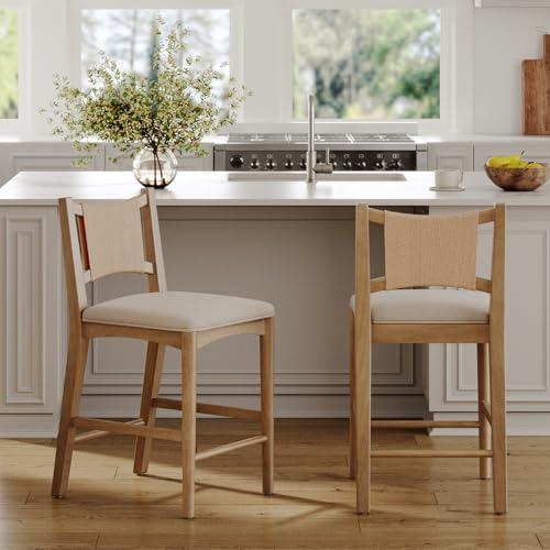 Nathan James Elodia Boho Counter Height Bar Stool with Back, Woven Seagrass Backrest and Solid Wood Frame, Light Brown