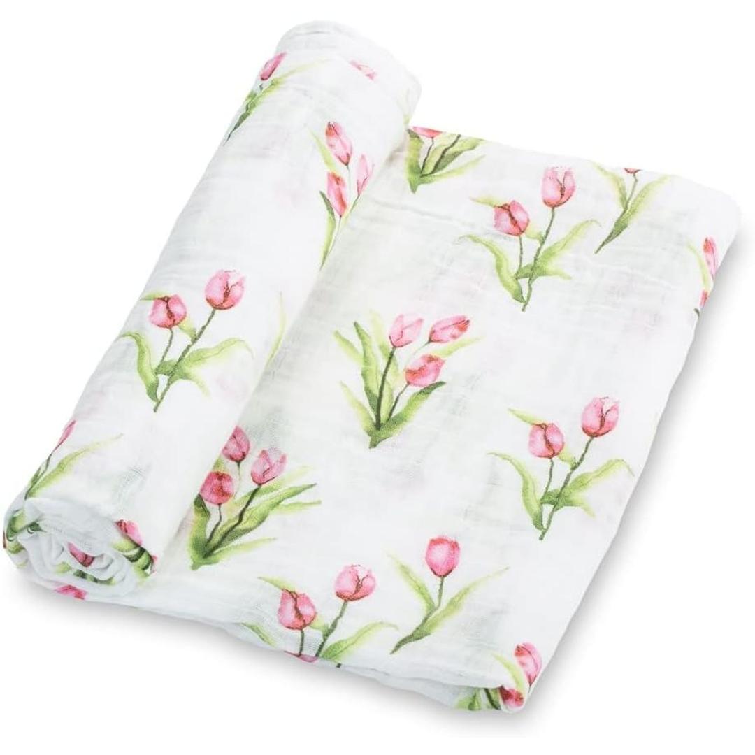 LollyBanks Baby Swaddle Blanket, 100% Muslin Cotton Muslin Blankets for Girls, Large 47 x 47 Inches Soft and Breathable Swaddles for Newborns, Gentle Baby Wrap Swaddle, Registry (Tulip Print)