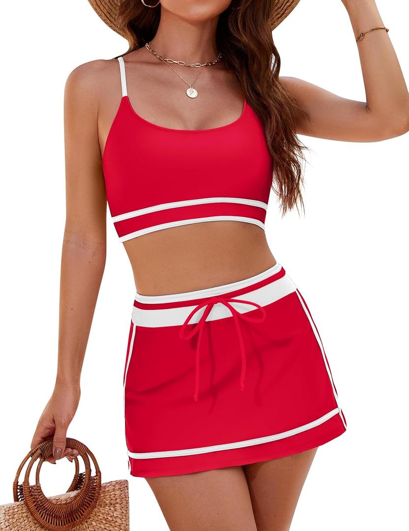 Blooming Jelly Women's High Waisted Bikini Sets Sporty Two Piece Bathing Suits Color Block Swim Skirt Swim Suits 2025 (Large, Red)