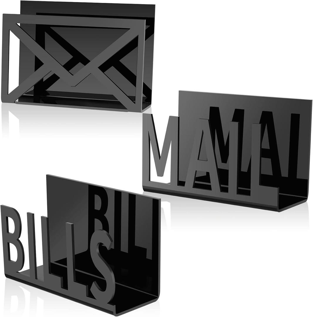 Desktop Mail Letter Holder 3 Pieces Black Bills Organizer Modern Cutout Envelope Holder Acrylic Desk Mail Organizer Envelope Design Mail Holder for Desk Desktop Mail Sorter for Home and Office