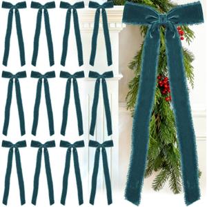 Glitinsel 20 Pcs Dusty Blue Large Velvet Christmas Bows 4.7" x 11" Big Pre Tied Handmade Fringe Velvet Ribbon Bows 1" Wide Rustic Crafts Gift-Bows with Twist Tie for Gift Wrapping Christmas Decor