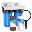 PUREPLUS 2-Stage Whole House Water Filtration System, Reduces Chlorine, Odor, Heavy Metals & Rust, with Pressure Gauges, 10" x 4.5" Housing, 1" Inlet/Outlet, PP Sediment & KDF Carbon Block Filters
