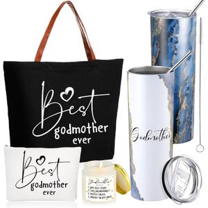Domensi 4 Pack Valentines Godmother Proposal Gifts Set Included 20oz Stainless Steel Tumbler Cup with Straw and Lid Best Godmother Ever Gift Tote Bag Makeup Bag Scented Candle Mother Favors (Black) (Blue)