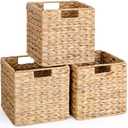 10.5x10.5 Water Hyacinth Storage Baskets, Collapsible Square Wicker Baskets Cube Storage Bins for IKEA Kallax, Set of 3