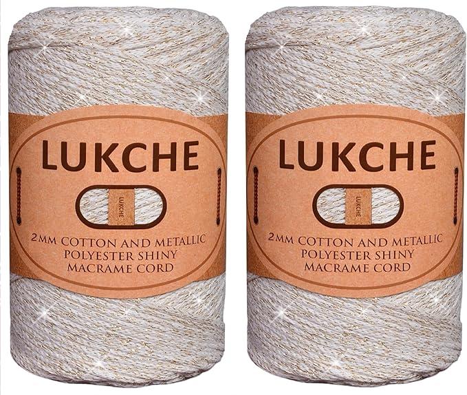 2mm Cotton Sparkle Macrame Cord 224 Meters, Colorful Crochet Macrame Cord for Wall Hangings, Bags, Plant Holders, Rugs, Polypropylene Rope (2 Skein, Cream Gold)