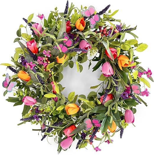 24" Wreaths for Front Door, Wreath with Tulip Wreath, Butterfly, Lavender and Eucalyptus, Vivid Artificial Floral Wreath for Wall Window Farmhouse Party Holiday Home Décor