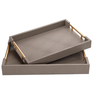 MACVAD 2 Piece Woven Leather Ottoman Tray with Gold Handles, Perfect Rectangular Serving Tray for Living Room, Coffee Table Tray as Thoughtful Gift for Home Decor Enthusiasts (Coffee Brown)