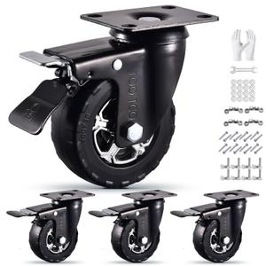 4 Inch Heavy Duty Casters Set of 4 all swivel with brakes, 2200Lbs Capacity, Silent Swivel with Brake, Elastic Rubber Locking Wheels, Industrial Plate Castors Ideal for Carts Furniture and Workbenches
