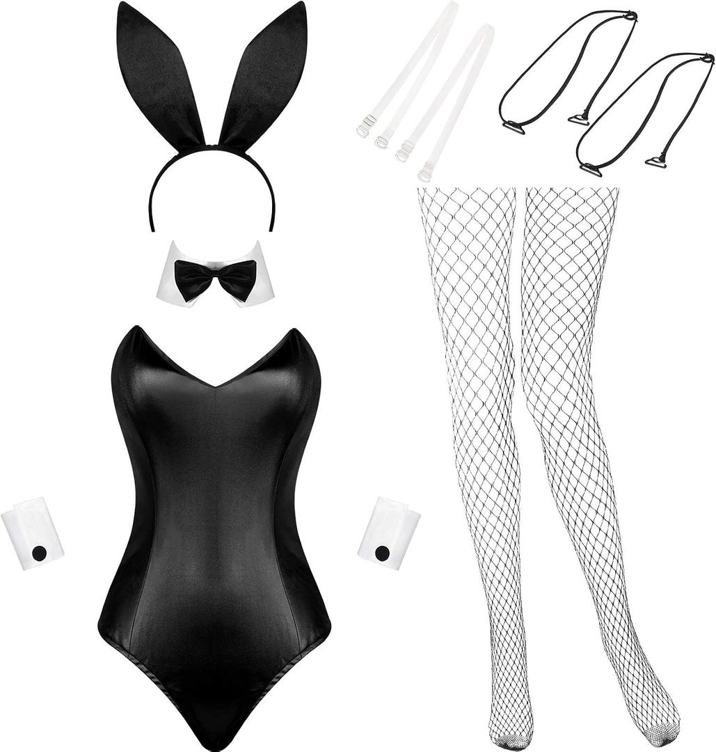Geyoga Anime Women Bunny Costume Bunny Outfit Halloween Cosplay Bodysuit Role Costume Bunny Headband Stocking Set M
