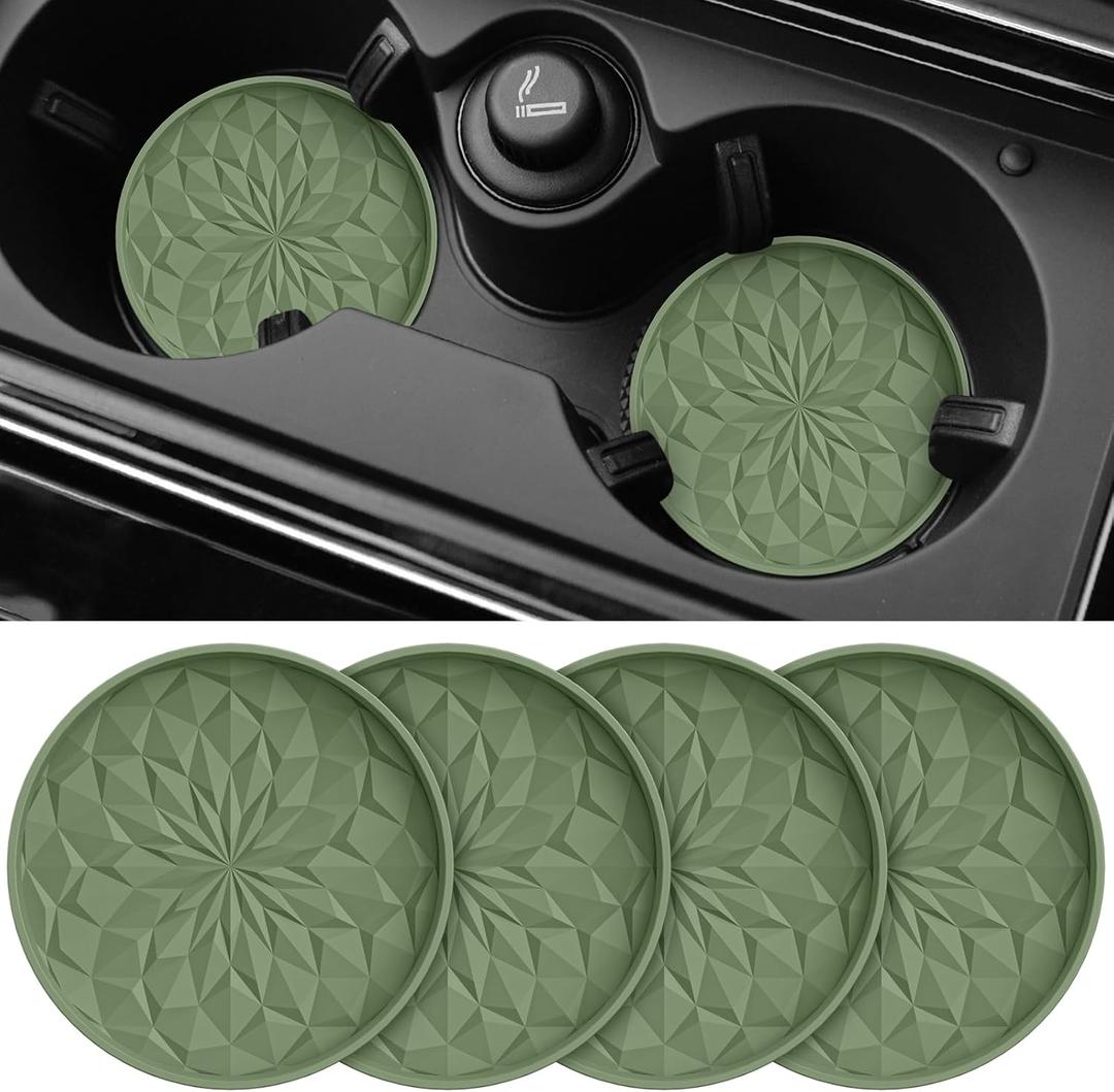 ME.FAN Car Coasters for Cup Holders [4 Pack] - 2.75In Silicone Auto Mug Mats - Universal Non-Slip Recessed Car Interior AccessoriesOlive Green