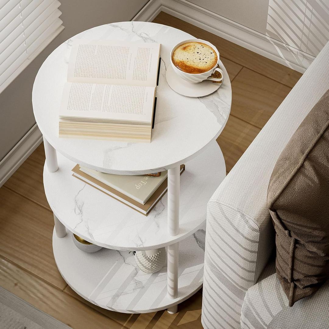Small Round End Table - 3 Tier Design Accent Table, Narrow Side or Bedside Stand, Industrial Vintage Nightstand for Bedroom, Living Room, or Small Spaces, Marble White (1 Pack)