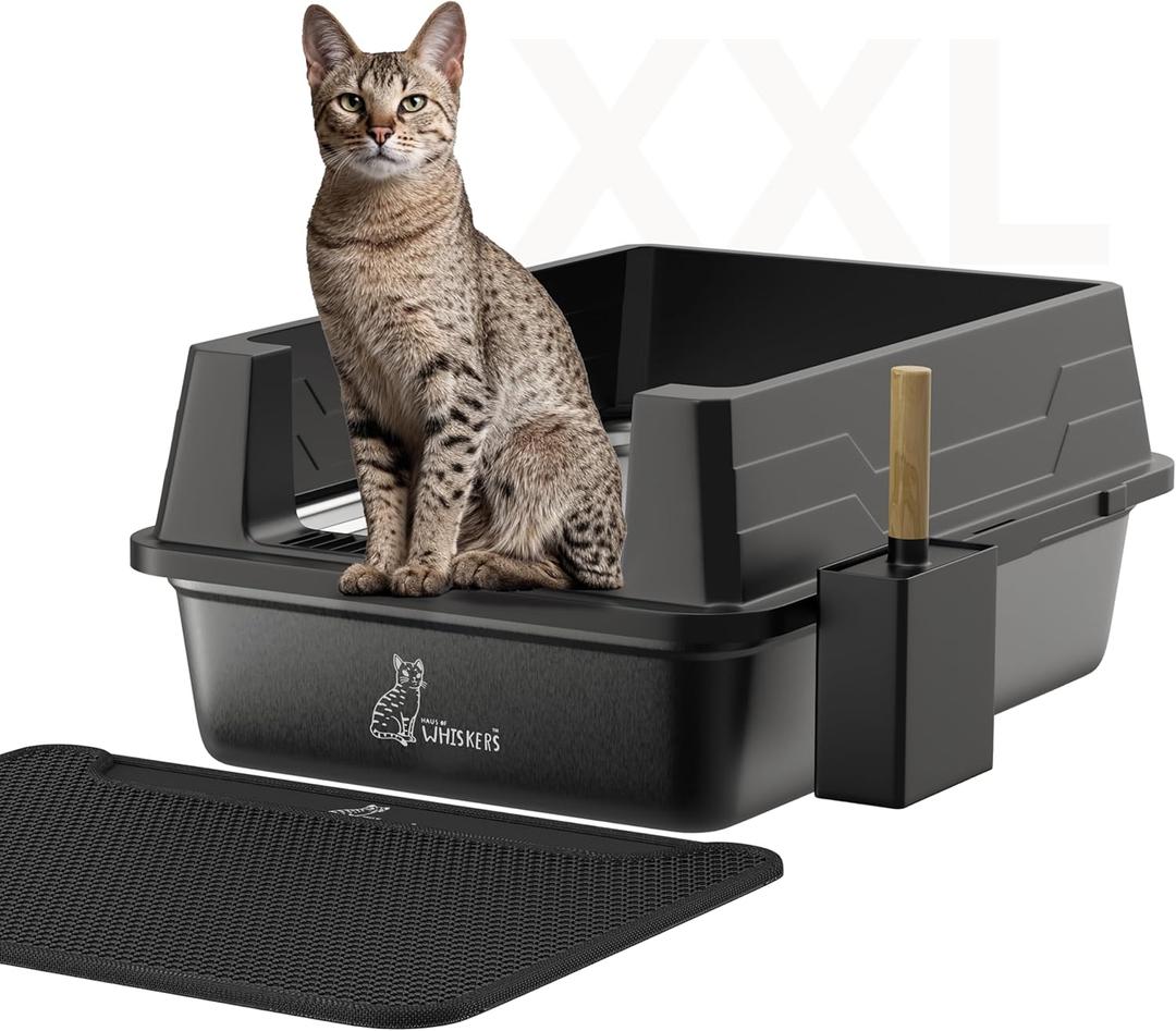 HAUS OF WHISKERS - XXL Stainless Steel Metal Litter Box for Big Cats – Extra Large with High Walls 28" L × 20" W × 12" H - with Mat, Scooper & Waste Bags - Easy Cleaning - Anti-Leakage - Odorless