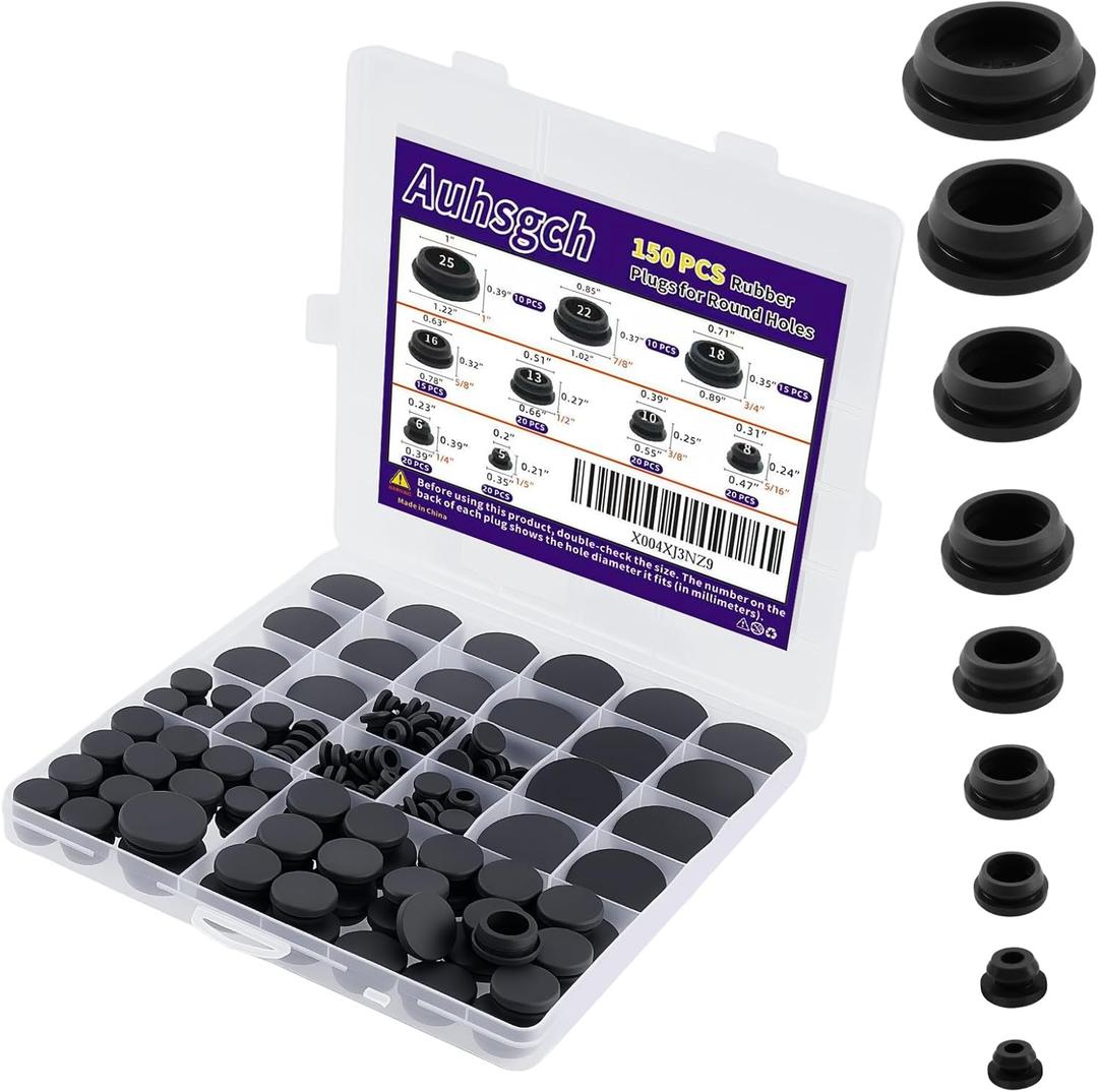 150PCS Flexible Rubber Plugs for Round Holes, 9 Sizes Rubber Plugs for Holes Assorted Sizes, Silicone Snap Locking Hole Plugs for Bathroom Sink, Tub, Car Wiring Furniture, Round Bottles Pipe