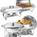 Chafing Dish Buffet Set 4 Pack, 8 QT Rectangle & 5QT Round Stainless Steel Chafer for Catering, Chafers and Buffet Warmer Sets w/Food & Water Pan, Lid, Fuel Holder for Event Party Holiday