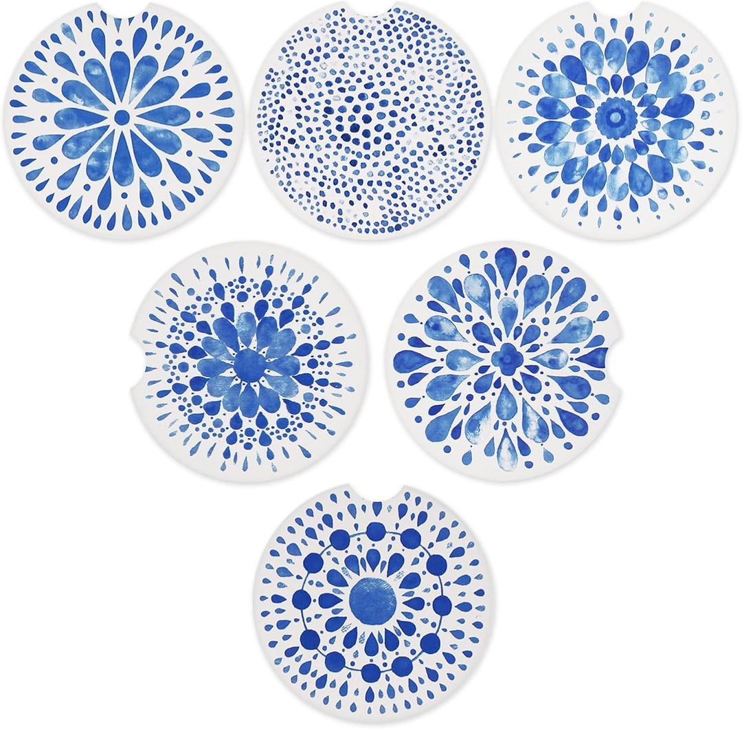 AD Car Coasters Set of 6 Drink- Absorbing Round Ceramic Stone Coaster with a Finger Notch for Easy Removal Cork Base for Auto Cupholder Accessories Keep Vehicle Clean