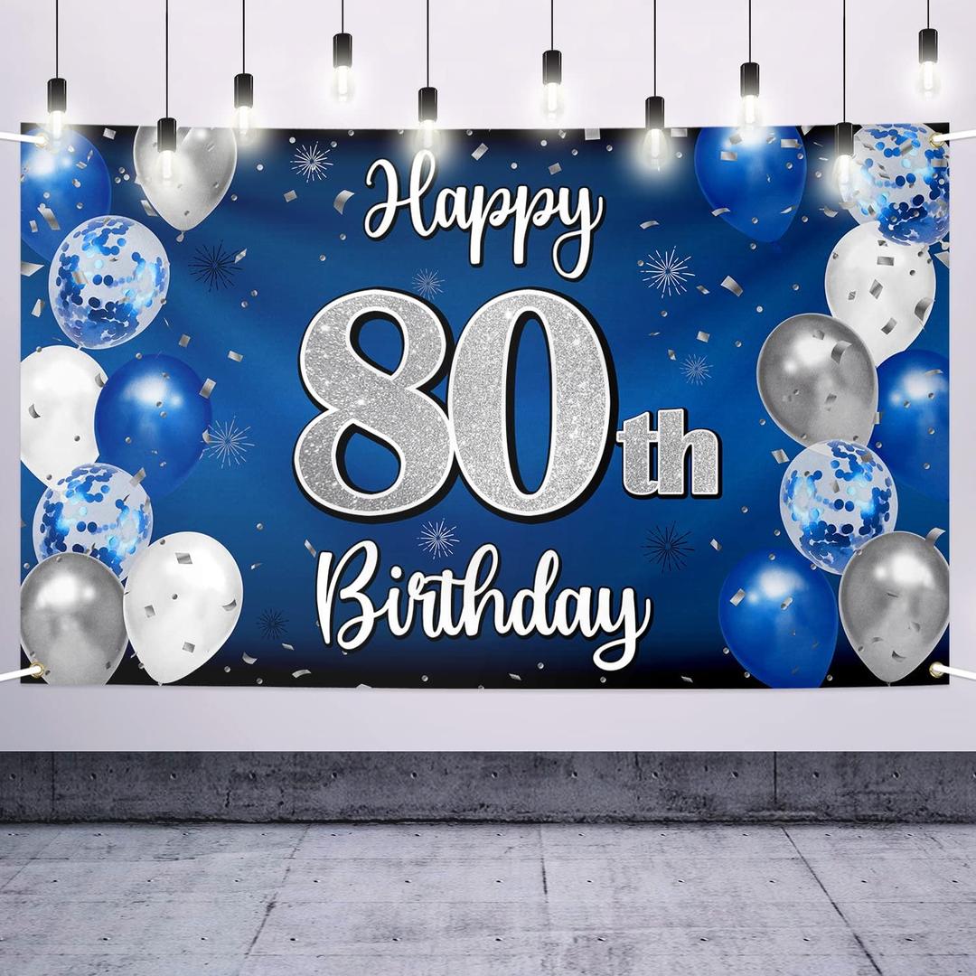 Happy 80th Birthday Decorations,80th Blue & Silver Balloon Large Birthday Banner Backdrop Sign,Cheers to Eighty Years Old Bday Party Supplies.