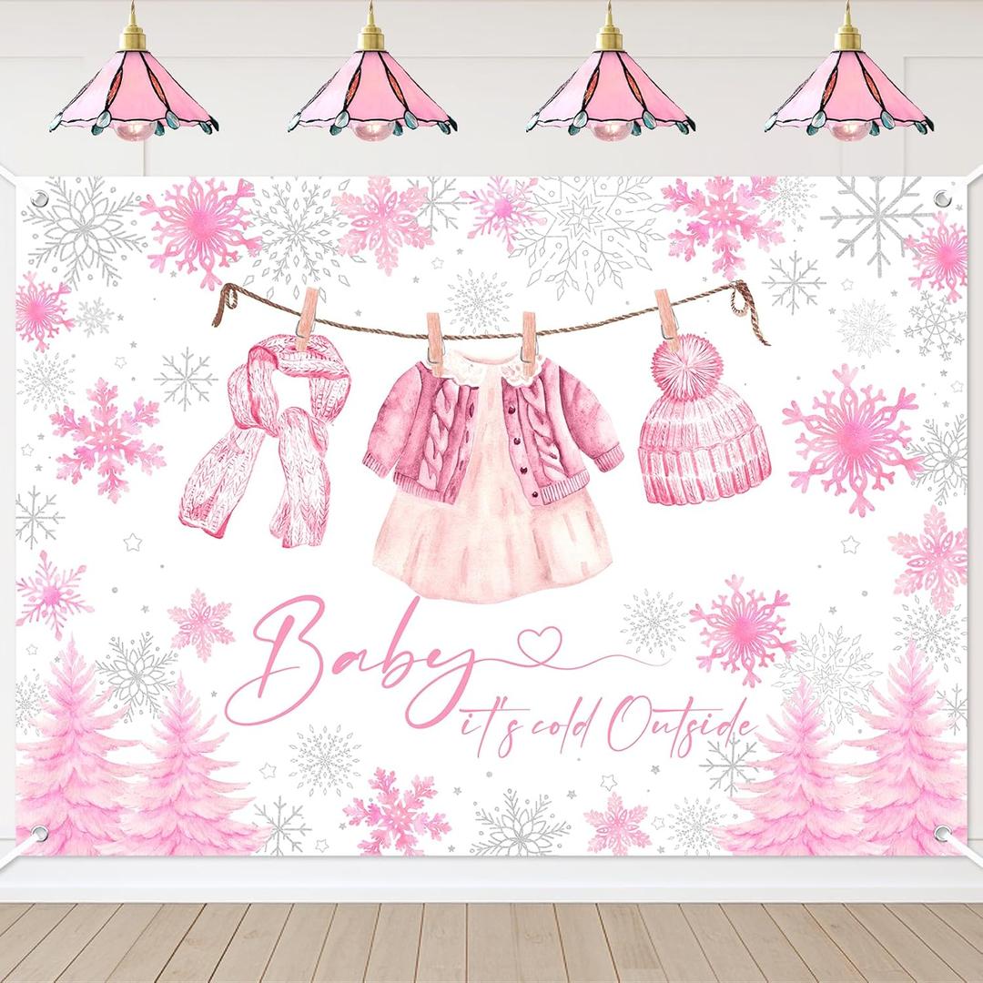 Avezano 7x5ft Baby It's Cold Outside Backdrop Winter Baby Shower Decorations for Girls Pink Snowflake Winter Wonderland Supplies