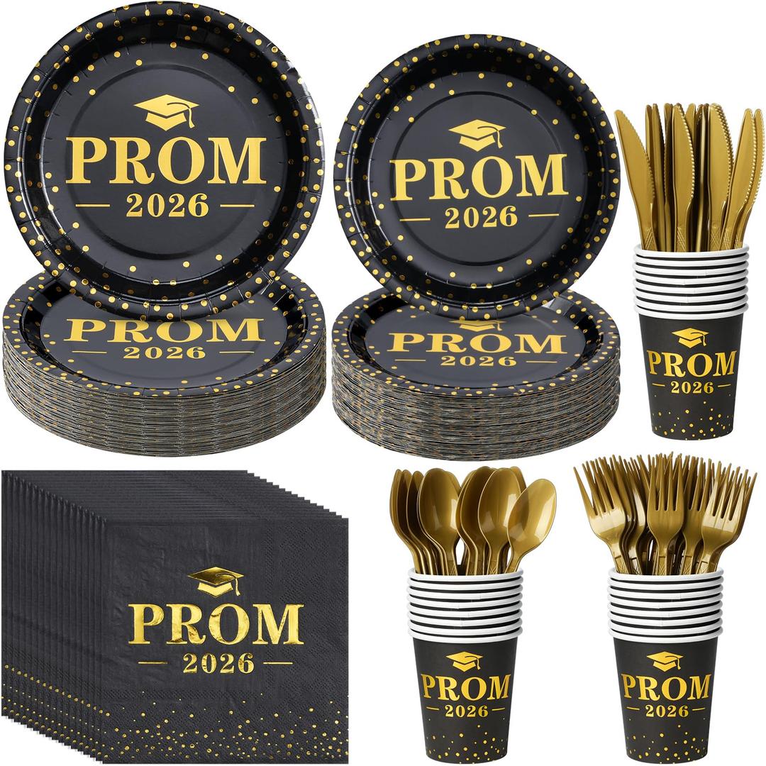 Graduation Party Supplies Plates and Napkins Serve 25,Prom Send off 2026 Disposable Paper Plates and Napkins Set Cups Knives Spoons for Class of 2026 Graduation Party Decorations Black and Gold