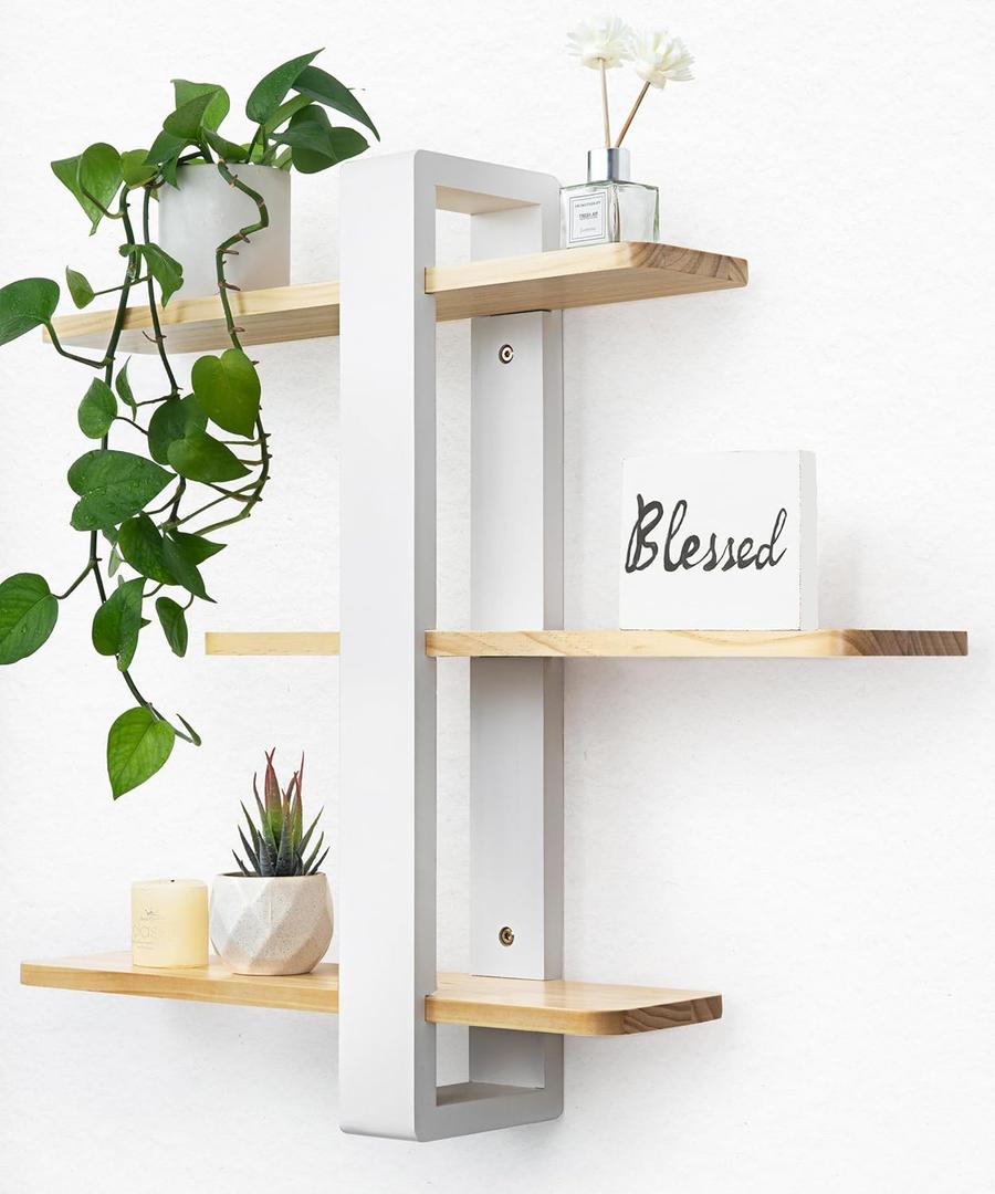 SUMGAR Floating Shelves White for Wall Mounted Shelving Unit All Pine Wood 3 Tier Large Shelf for Bedroom Living Room Office Bathroom Home Decoration Storage Plant Photo Display Modern 20in