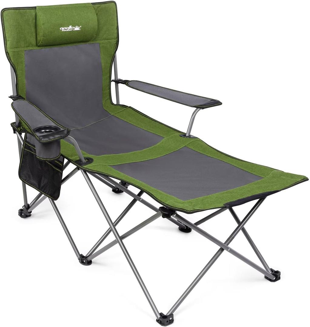 apollo walker Reclining Beach Chair, Adjustable 90-135° Backrest Camping Lounge Chairs for Adults, Folding Chair with Foot Rest & Detachable Pillow - Standard 6-Leg, Green