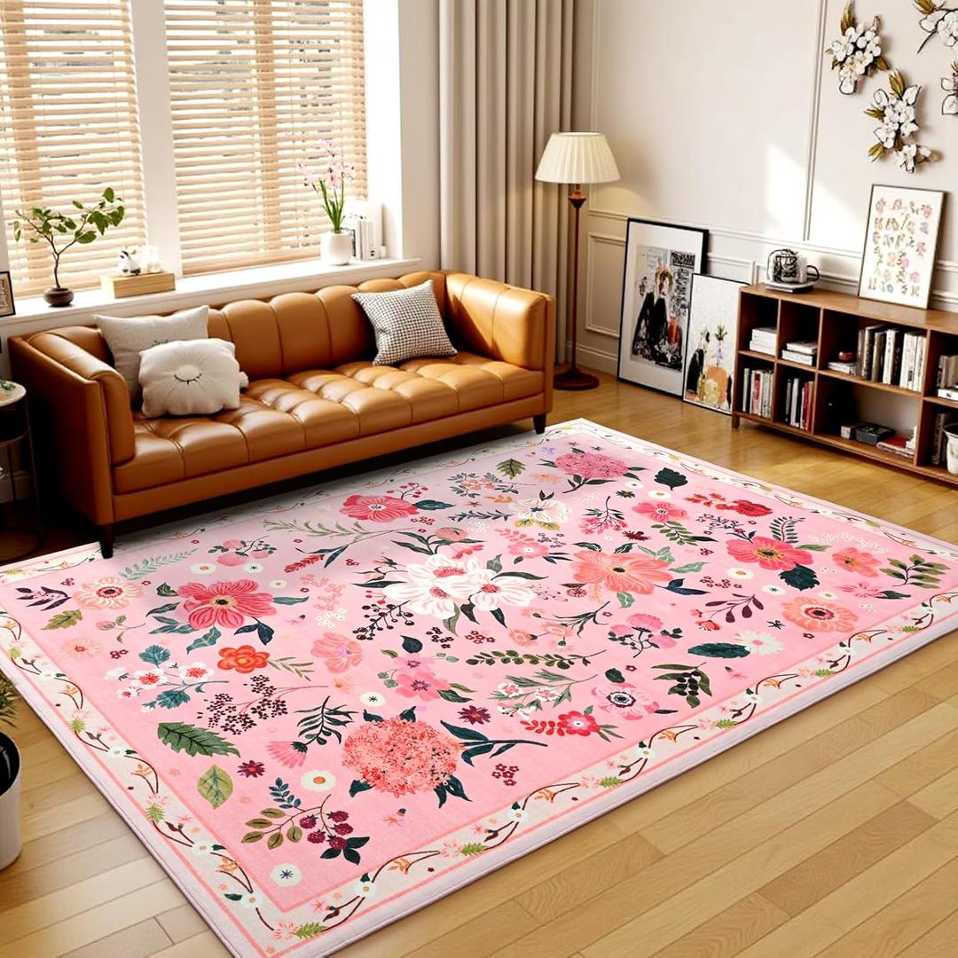 Terrug Floral Washable Area Rug for Bedroom, 4x6 Pink Rug Boho Ultra-Thin Rugs for Entryway, Soft Non Slip Carpet Vintage Rug for Living Room, Entry, Kitchen, College Dorm, Dining Room, Nursery (4' x 6' (Rectangular), Pink)